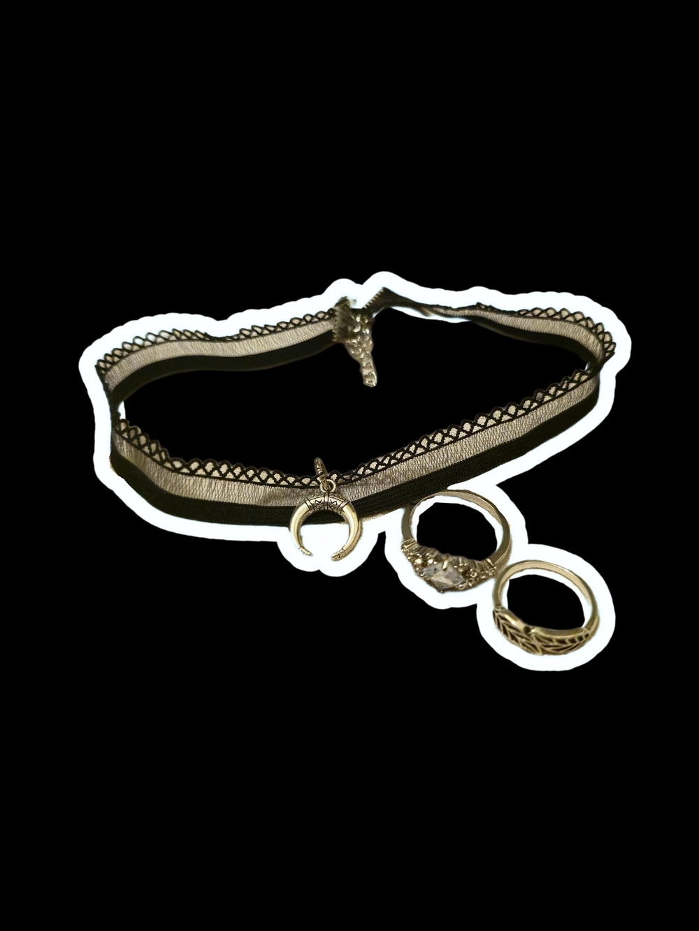 Silver-toned Crescent Charm Black Lace Choker Necklace And 2 Rings